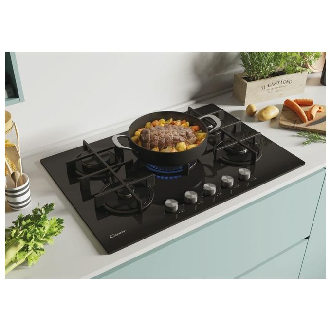 Candy CVG74WPB New Timeless GOG Piano Cottura Gas su vetro 5 zone Manopole New Timeless Bruciatore speciale al centro DC Griglie in ghisa 4 livelli di potenza 75 cm Nero