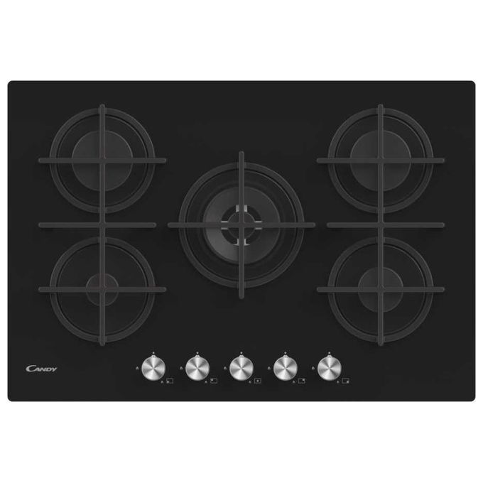 Candy CVG74WPB New Timeless GOG Piano Cottura Gas su vetro 5 zone Manopole New Timeless Bruciatore speciale al centro DC Griglie in ghisa 4 livelli di potenza 75 cm Nero