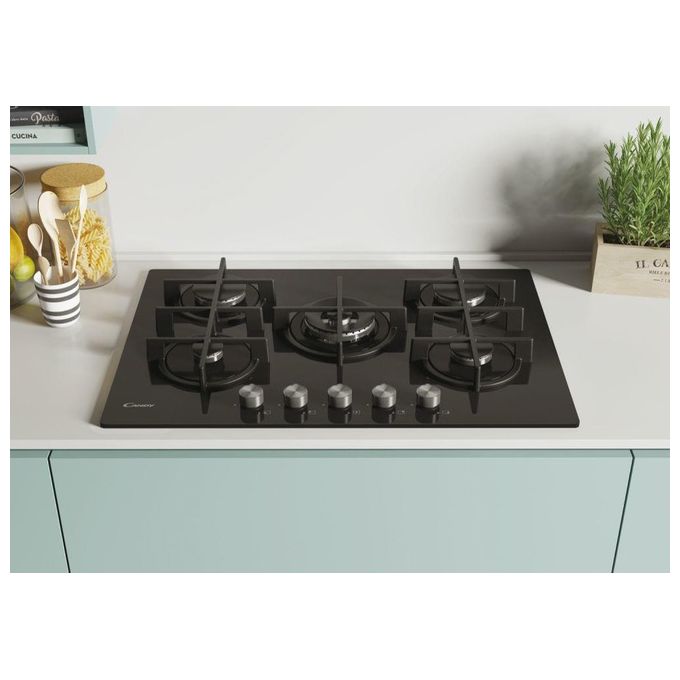 Candy CVG74WPB New Timeless GOG Piano Cottura Gas su vetro 5 zone Manopole New Timeless Bruciatore speciale al centro DC Griglie in ghisa 4 livelli di potenza 75 cm Nero