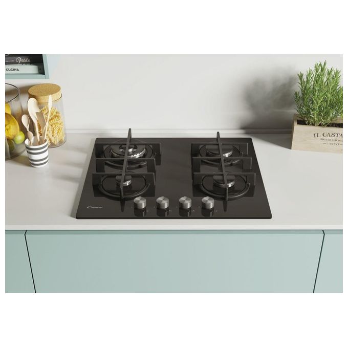 Candy CVG6BR4WPB New Timeless GOG Piano Cottura 4 zone Manopole New Timeless Big Rear DC Griglie in ghisa 60 cm 4 livelli di potenza Nero