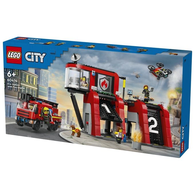 LEGO City 60414 Caserma dei Pompieri e Autopompa con Camion Giocattolo, 6 Minifigure, Cane e Accessori, Gioco per Bambini 6+