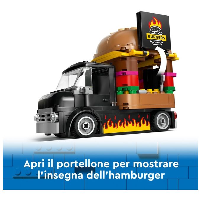 LEGO City 60404 Furgone degli Hamburger Giocattolo, Veicolo per Bambini 5+ Anni, Camion Food Truck con Accessori e 2 Minifigure