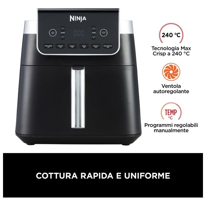 Ninja AF180EU Friggitrice ad Aria MAX PRO 6,2 Litri 2000W Nero Antiaderente Cottura Senza Olio per Arrostire Cuocere al Forno