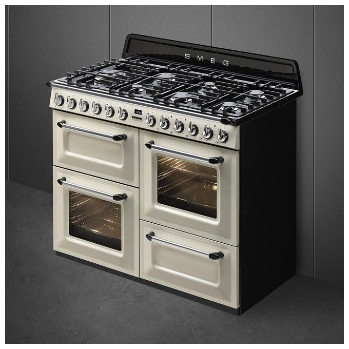 Smeg TR4110P1 Cucina a Gas con Forno Elettrico Multifunzione Termoventilato + Ventilato Estetica Victoria 7 Fuochi Griglie in Ghisa Classe energetica A Vapor Clean 110x60 cm Panna