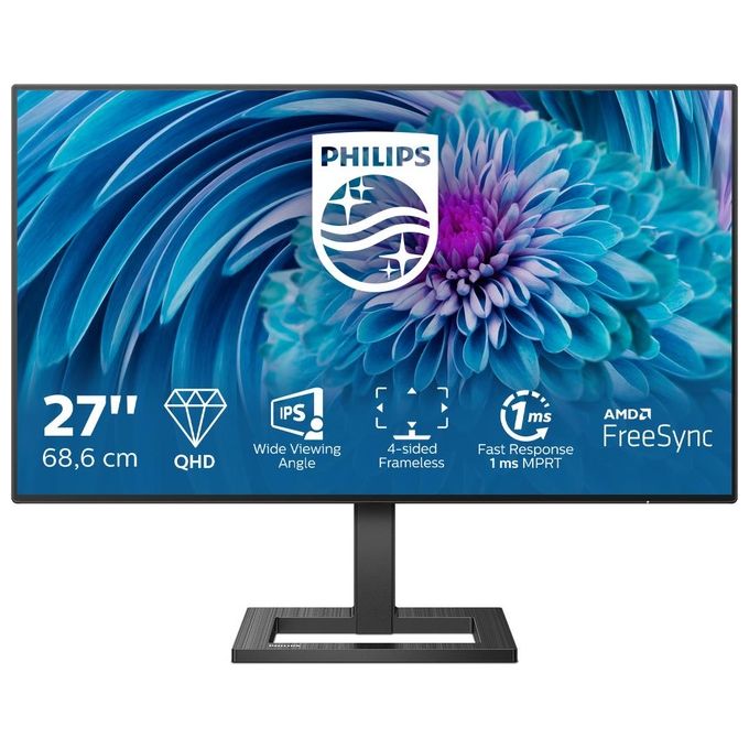 Philips 275E2FAE Monitor 27'' LED IPS QHD, 2560*1440, AMD FreeSync, 1ms, 75Hz, Frameless, 2 HDMI, Display Port, Speakers Integrati, VESA, Nero