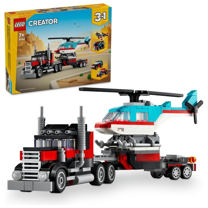 LEGO Creator 31146 3in1 Autocarro con Elicottero, Giochi per Bambini 7+ Anni Ricostruibile in Aereo e Cisterna o Auto e SUV