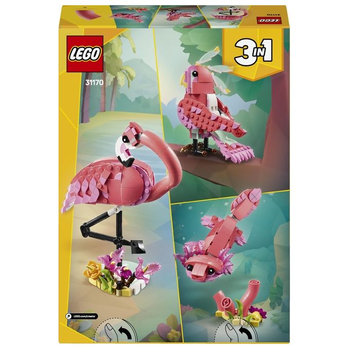 LEGO Creator 3 in 1 Animali Selvatici: Fenicottero Rosa Giocattolo - Si Trasforma in Uccello Cacatua o in Axolotl - Animali da Costruire per Bambini e Bambine da 8 Anni - Regalo di Compleanno 31170