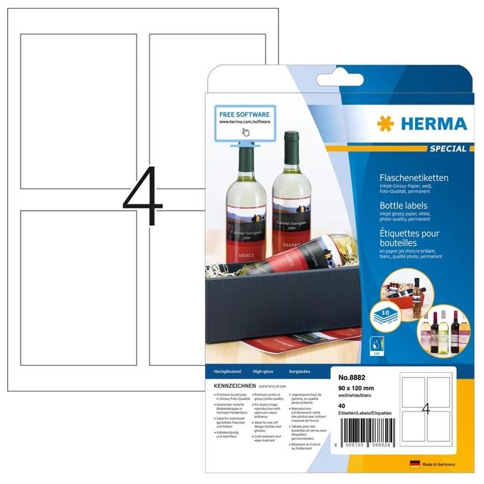Herma Etichette per Bottiglie INK 90x120mm Bianco 10 Fogli A4 40 Pezzi