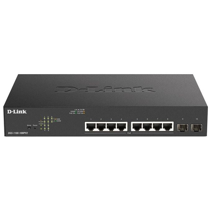 D-Link DGS-1100-10MPV2-E Smart Switch Gestito PoE 8 Porte Gigabit PoE a 130W 2 Porte SFP Supporto VLAN Cavo di Alimentazione UE