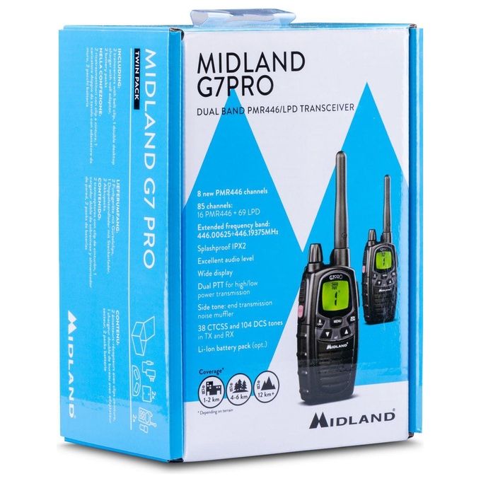 Midland G7 PRO COPPIA NEW VERSION Radio Ricetrasmittente Walkie Talkie 16 Canali PMR446 Batterie Ricaricabili AA 800 mAh