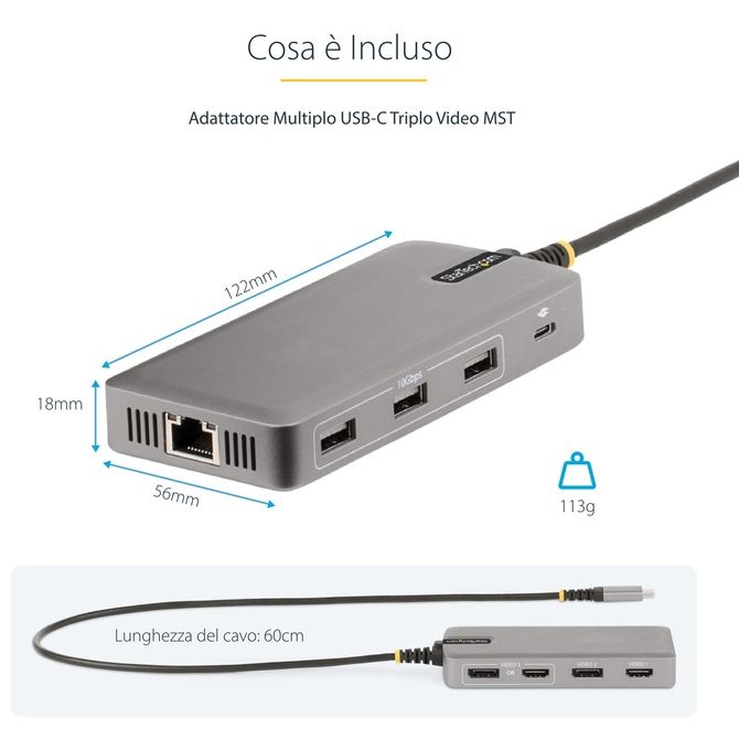 StarTech.com Adattatore Multiporta USB-C Docking Station USB Type-C 2x 4K30Hz  HDMI e DisplayPort 4K 60Hz Hub USB a 3 Porte 10Gbps