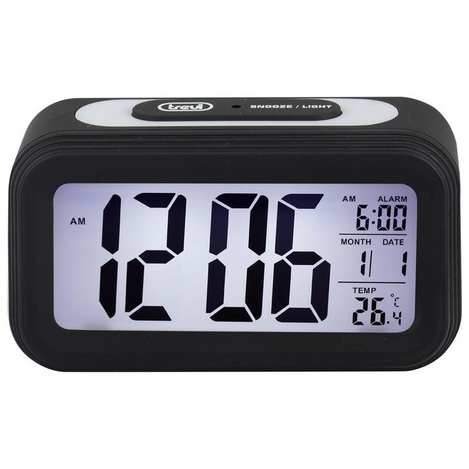 Trevi SLD 3068 S Orologio Termometro Digitale con Sveglia Grande Display LCD Calendario Sensore per Illuminazione Automatica Funzione Snooze Nero