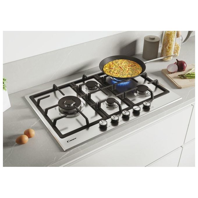 Candy CHG7WLWEX Piano Cottura a Gas su metallo 5 zone Special burner laterale Griglie in ghisa Doppia corona 75 cm 4 livelli di potenza Inox