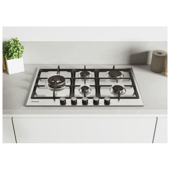 Candy CHG7WLWEX Piano Cottura a Gas su metallo 5 zone Special burner laterale Griglie in ghisa Doppia corona 75 cm 4 livelli di potenza Inox