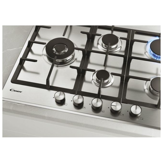 Candy CHG7WLWEX Piano Cottura a Gas su metallo 5 zone Special burner laterale Griglie in ghisa Doppia corona 75 cm 4 livelli di potenza Inox