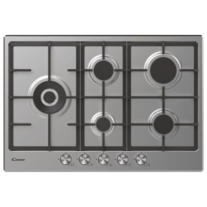 Candy CHG7WLWEX Piano Cottura a Gas su metallo 5 zone Special burner laterale Griglie in ghisa Doppia corona 75 cm 4 livelli di potenza Inox