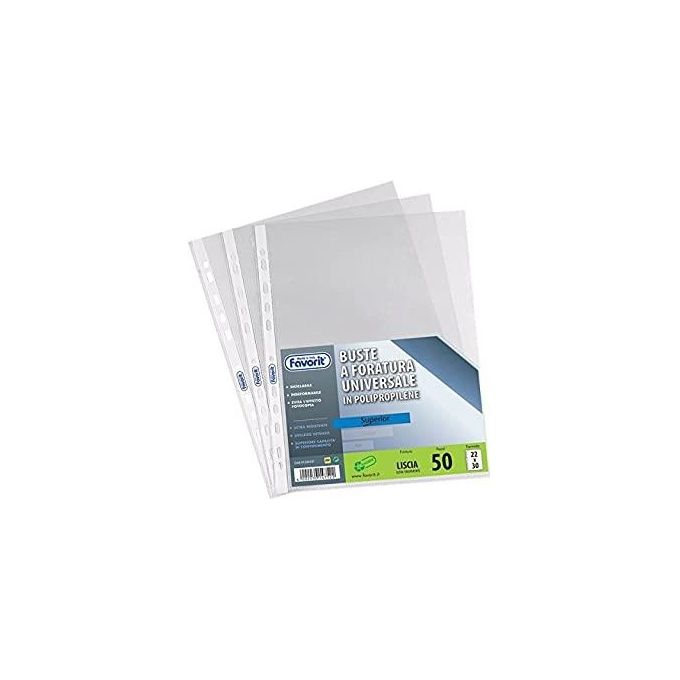 Favorit 100460073 Buste a Foratura Universale Aperte su 2 Lati A4 22x30 cm Polipropilene Confezione 50 pz colore Trasparente
