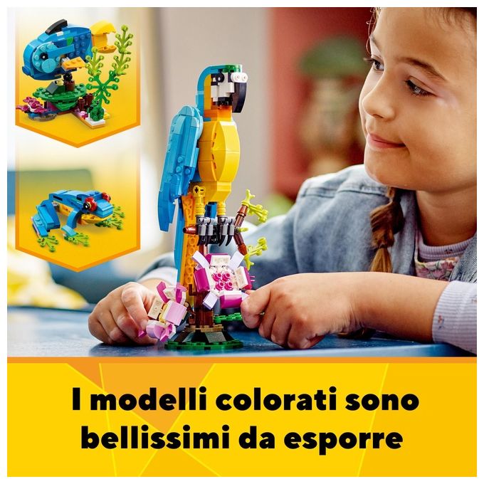 LEGO Creator 31136 Pappagallo Esotico 31136-LEGO Set 3 in 1 con Pesce e Rana Animali Giocattolo Giochi Creativi per Bambini da 7 Anni