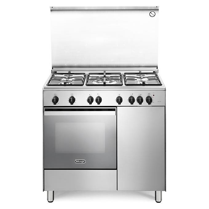 De Longhi DGX 96 B5 Linea Design Cucina a Gas Libera Installazione Forno a Gas Statico 5 Fuochi Classe energetica A Bruciatore Tripla Corona Cassetto Scaldavivande 3 Funzioni 90 cm Acciaio Inox