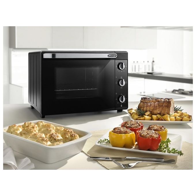 De’Longhi EO20792 - Fornetto elettrico 20 L, 1300 W, funzioni di cottura: ventilata, grill, scongelamento e mantenimento in caldo, timer 120 minuti, termostato regolabile fino a 200 °C, Nero-Acciaio inox