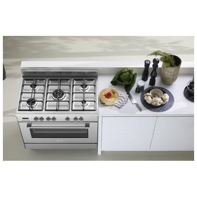 De Longhi PRO 96 MX ED Linea Professional Cucina a Gas Libera Installazione Forno Elettrico 5 Fuochi Griglie in Ghisa Classe energetica A Bruciatore Tripla Corona Pizza Stone Vano Scaldavivande 9 Funzioni 90 cm Acciaio Inox
