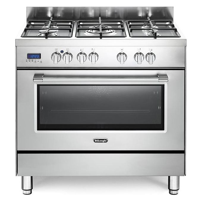 De Longhi PRO 96 MX ED Linea Professional Cucina a Gas Libera Installazione Forno Elettrico 5 Fuochi Griglie in Ghisa Classe energetica A Bruciatore Tripla Corona Pizza Stone Vano Scaldavivande 9 Funzioni 90 cm Acciaio Inox