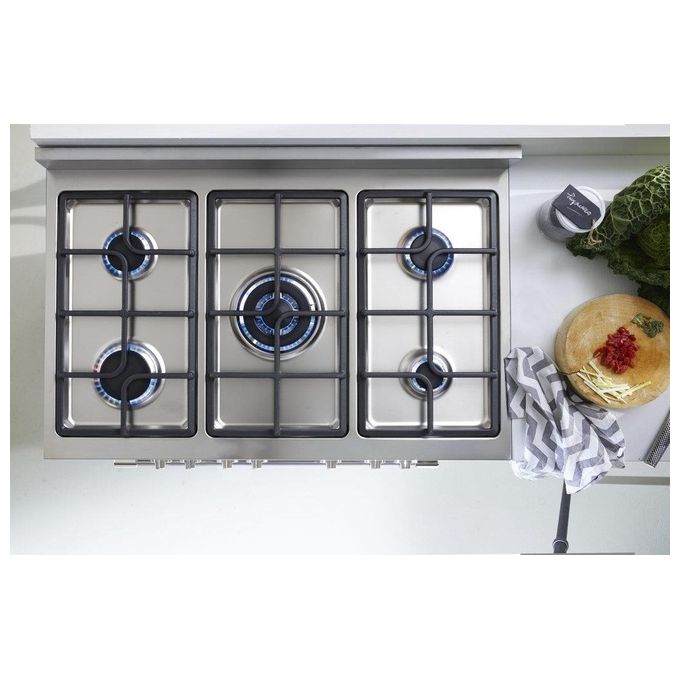 De Longhi PRO 96 MX ED Linea Professional Cucina a Gas Libera Installazione Forno Elettrico 5 Fuochi Griglie in Ghisa Classe energetica A Bruciatore Tripla Corona Pizza Stone Vano Scaldavivande 9 Funzioni 90 cm Acciaio Inox
