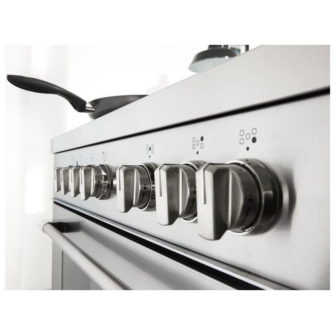 De Longhi PRO 96 MX ED Linea Professional Cucina a Gas Libera Installazione Forno Elettrico 5 Fuochi Griglie in Ghisa Classe energetica A Bruciatore Tripla Corona Pizza Stone Vano Scaldavivande 9 Funzioni 90 cm Acciaio Inox