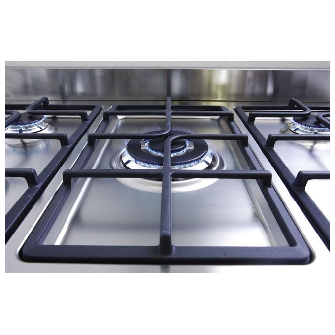 De Longhi PRO 96 MX ED Linea Professional Cucina a Gas Libera Installazione Forno Elettrico 5 Fuochi Griglie in Ghisa Classe energetica A Bruciatore Tripla Corona Pizza Stone Vano Scaldavivande 9 Funzioni 90 cm Acciaio Inox
