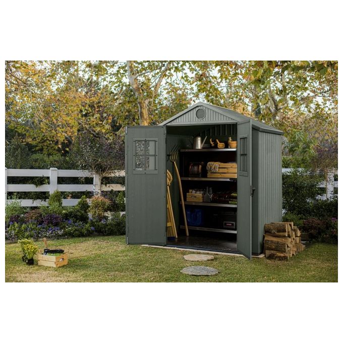 Keter 256879 Darwin 6x4 Casetta da Giardino in Resina 190x122x221 cm con Pavimento Finestre e Doppia Porta colore Verde