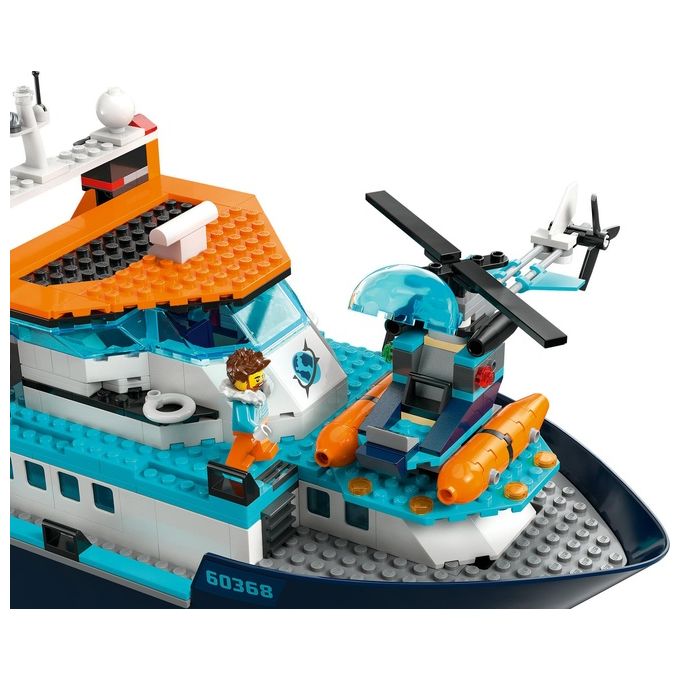 LEGO City 60368 Esploratore Artico, Grande Nave Giocattolo Galleggiante con Elicottero, Gommone, Sottomarino e Relitto Barca