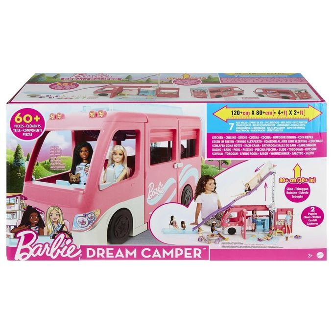 Barbie Camper dei Sogni - Veicolo con Scivolo e Piscina 2 Cuccioli 7 Aree Gioco Alto 76 cm