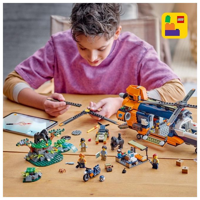 LEGO City Elicottero dell'Esploratore nella Giungla Modellino di Veicolo Giocattolo da Costruire con Doppi Rotori Giochi per Bambini da 8 Anni con Campo Base 3 Animali Gorilla e 5 Minifigure 60437