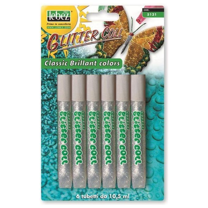 Lebez 5131-AG Confezione 6 Tubetti Colla Glitterata da 10,5ml Argento