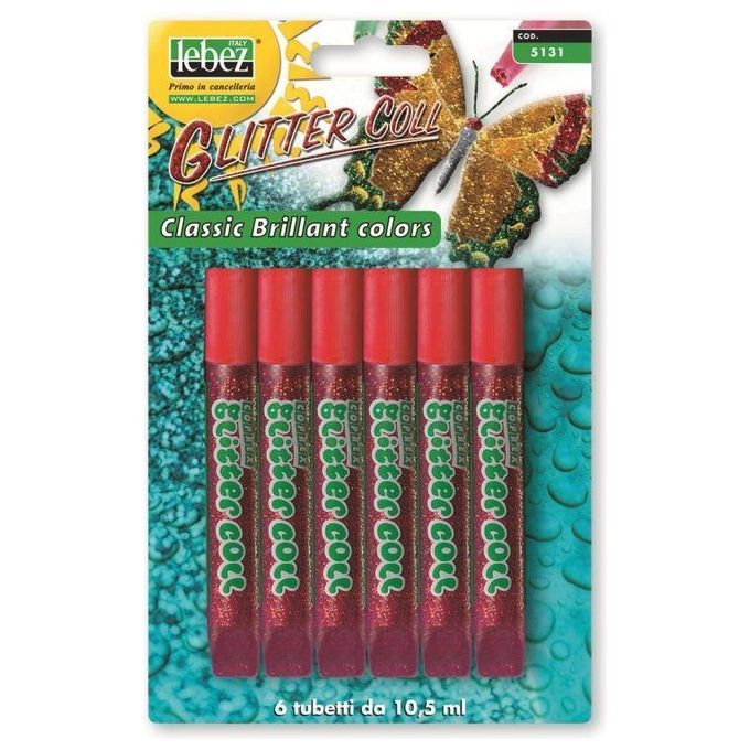 Lebez 5131-R Confezione 6 Tubetti Colla Glitterata da 10,5ml Rosso