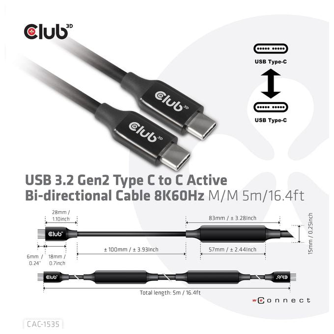 Club3D Cavo Usb 5mt Usb 3.2 Gen 2 Usb C Nero