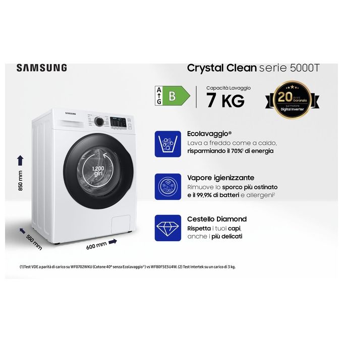Samsung WW70TA026AE Lavatrice Carica Frontale Crystal Clean Classe energetica B Capacita' di carico 7 Kg Centrifuga 1200 giri Motore Digital Inverter Vapore Igenizzante Ecolavaggio bianco