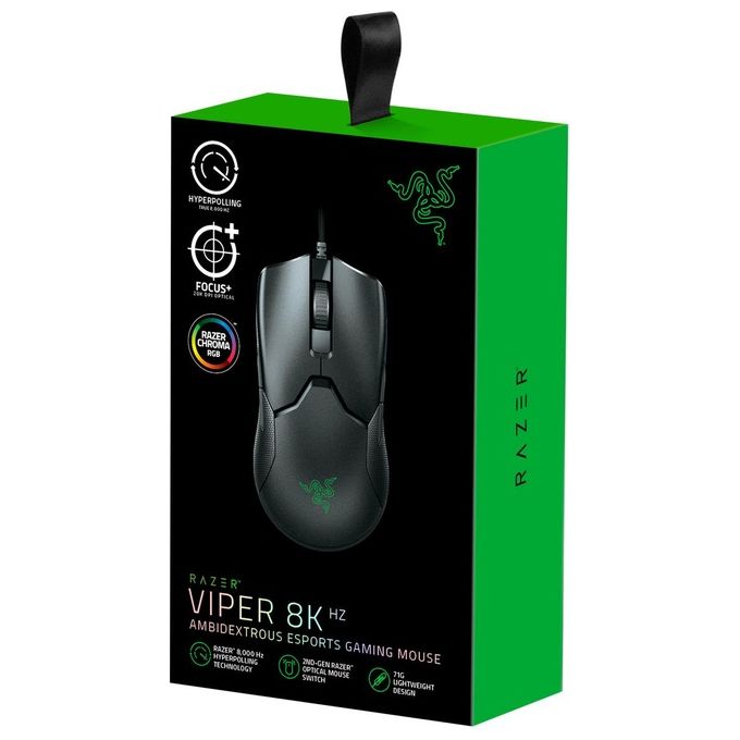 Razer Viper 8K Hz Gaming Mouse Ambidestro per e-Sport con 8.000 Hz di Polling Rate Sensore Ottico Focus+ da 20K DPI Switch Ottico per Mouse Nero