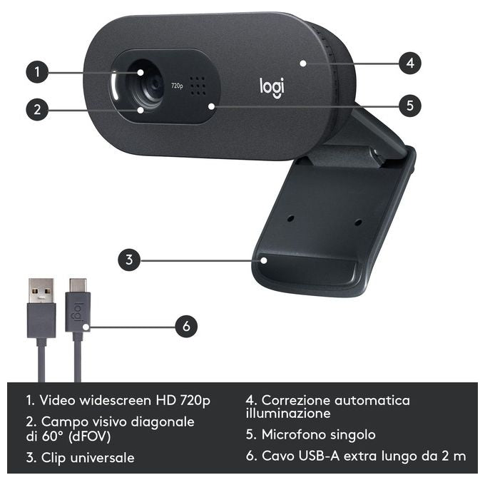 Logitech C505 Webcam HD - Videocamera USB Esterna 720p HD per Desktop o Laptop con Microfono a Lunga Portata, Compatibile con PC o Mac