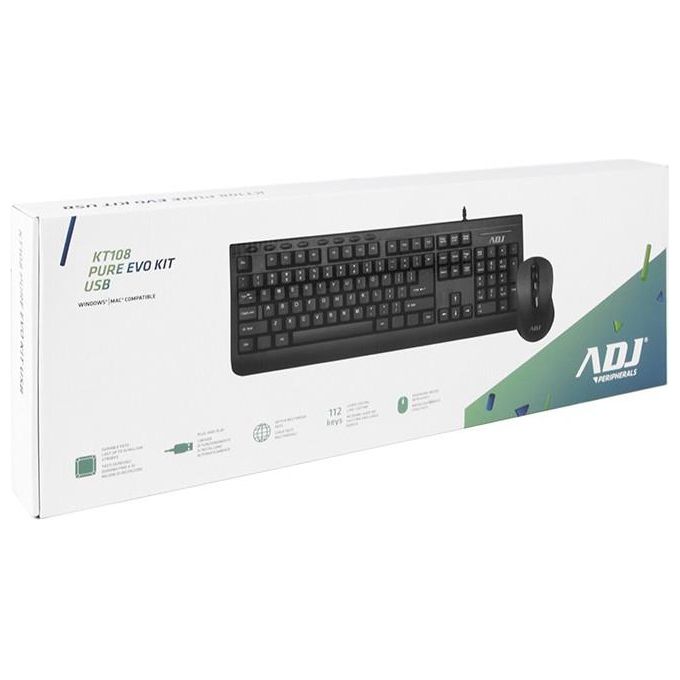 Adj Kit Desktop KT108 Pure Evo Tastiera e Mouse con Filo 6D Ergonomico Nero