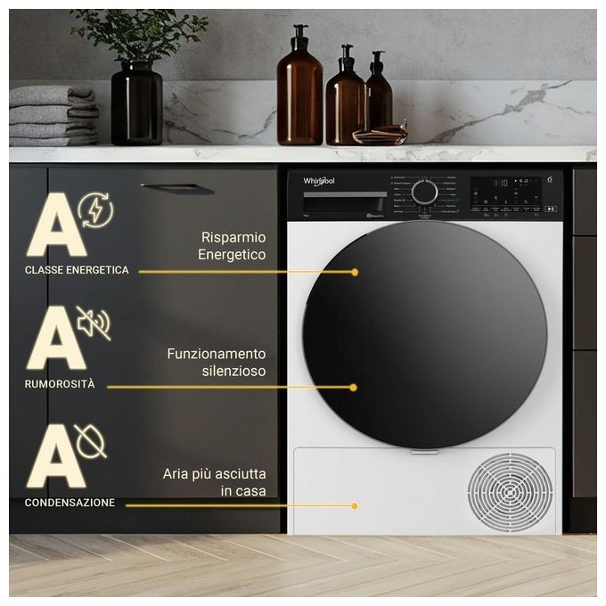 Whirlpool C WD 96M WBS IT - Asciugatrice Pompa di Calore 9 kg Classe A Motore Inverter  Wi-Fi  Tecnologia 6° Senso (849 × 597 × 656 cm) Bianco