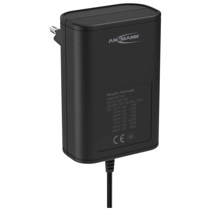 Ansmann APS 1500 Alimentatore a Spina Regolabile 12V DC - 9V DC - 7.5V DC - 6V - 4.5V DC - 3V 1500mA 18W