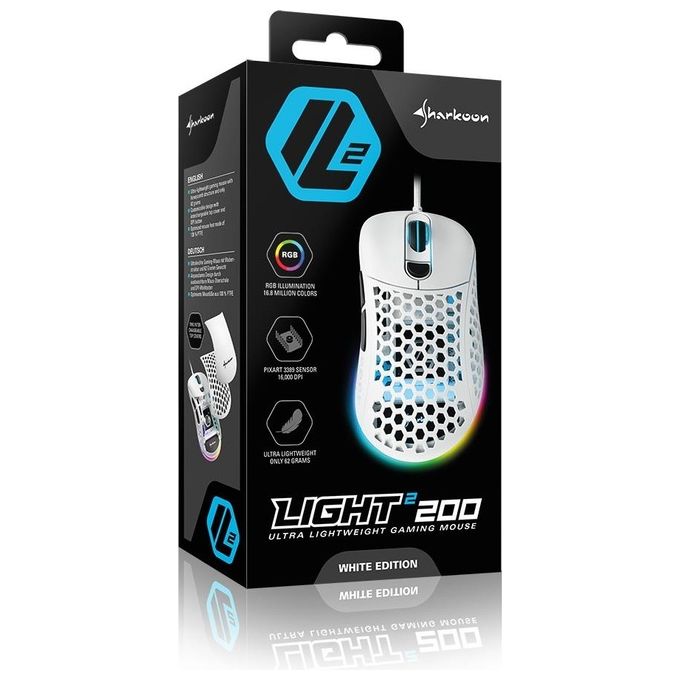 Sharkoon Light2-200 Mouse Gaming Black 16000 Dpi Max Rgb 6 Tasti Usb 1.8mt Bianco
