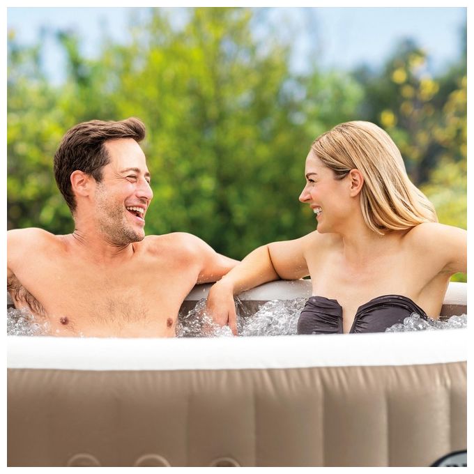 Intex 28476EX PureSpa Vasca Idromassaggio Gonfiabile Bubble Massage con Telo Efficienza Energetica 4 posti 120 Getti Riscaldatore PVC Beige 196x71 cm Con Telo ad Efficienza Energetica 4 posti Beige