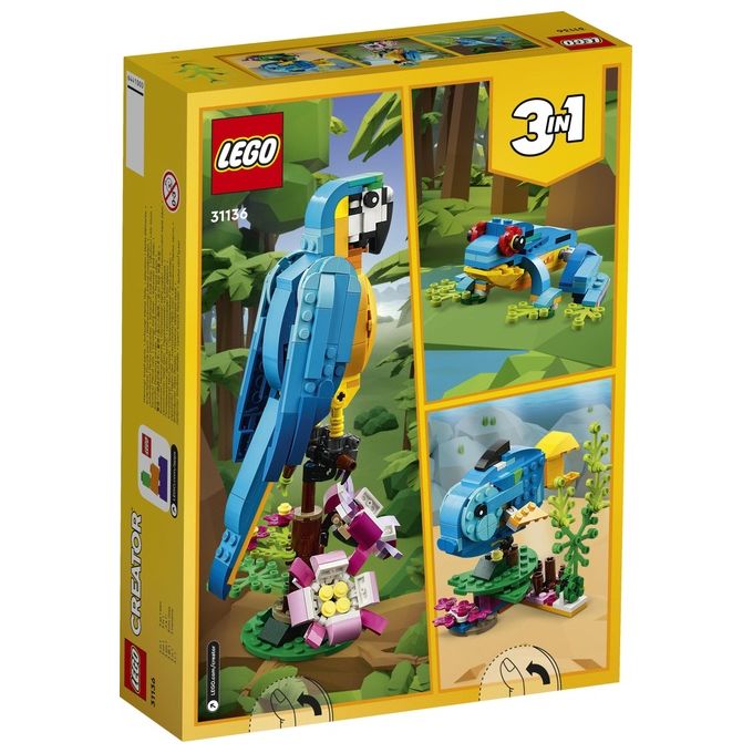 LEGO Creator 31136 Pappagallo Esotico 31136-LEGO Set 3 in 1 con Pesce e Rana Animali Giocattolo Giochi Creativi per Bambini da 7 Anni