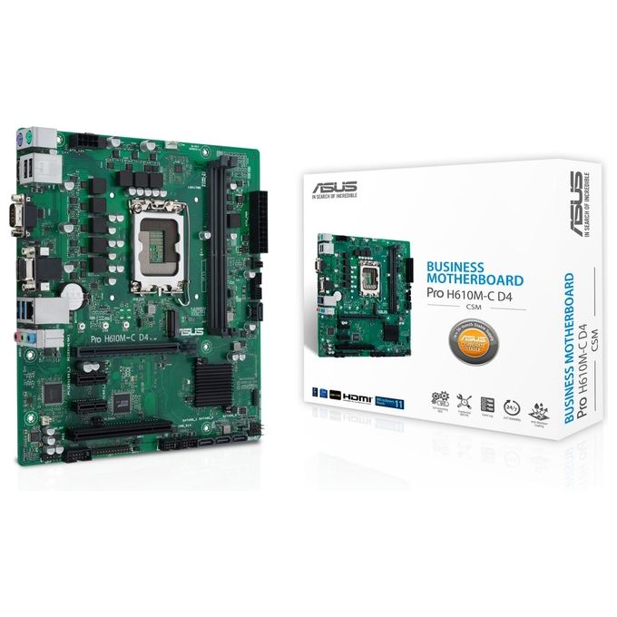 ASUS PRO H610M-C D4-CSM Scheda Madre mATX, Intel H610, LGA1700, DDR4, PCI 4.0, LAN Intel 1Gb, Realtek 7.1 Surround, 1xM.2, 4xSATA 6GB-s, USB 3.2 Gen 1, ASUS Control Center Express, Nero