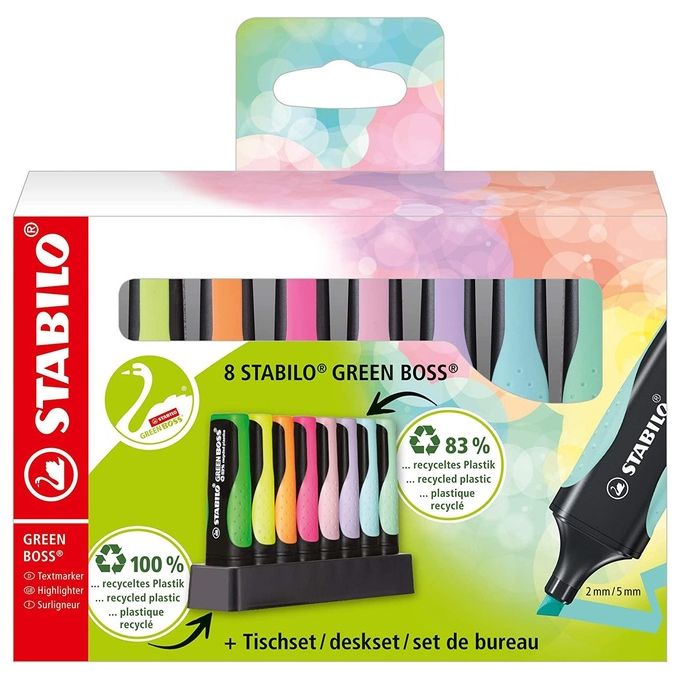 Evidenziatore Ecosostenibile - STABILO GREEN BOSS Pastel Desk-Set - 8 Colori assortiti 4 Neon + 4 Pastel