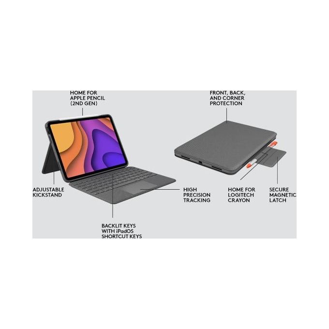 Logitech Folio Touch Custodia Tastiera con Trackpad Retroilluminato Apple Smart Connector QWERTY Spagnola Grigio Oxford per Apple 10.9'' iPad Air