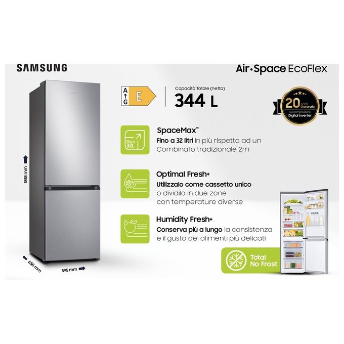 Samsung RB34T603ESA Frigorifero Combinato Capacita' 355 Litri Classe energetica E (A++) No Frost Premium Power Cool 185,3 cm Silver Inox