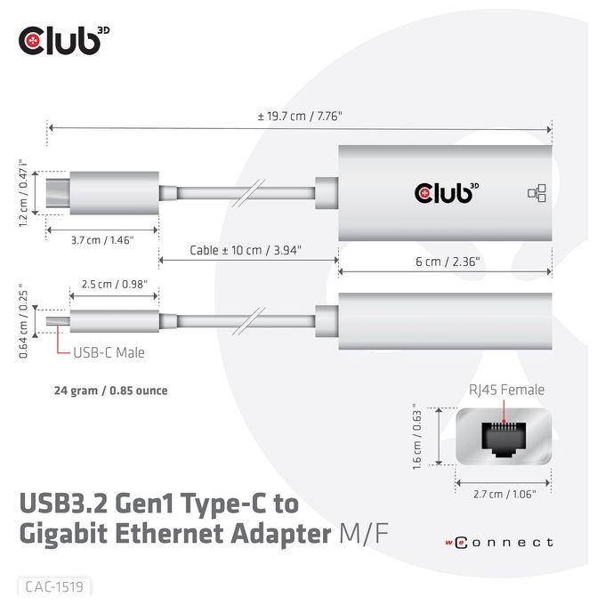 Club3d CAC-1519 Active Adapter Usb Type-C 3.1 Gen 1M a 1Gb Ethernet F